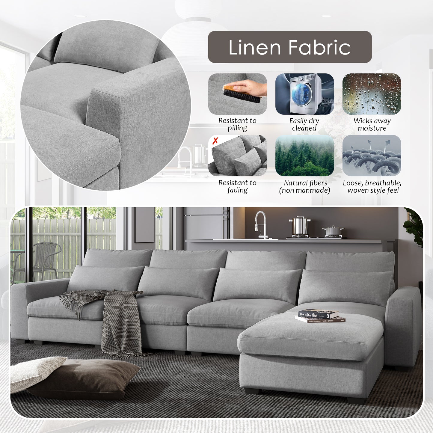 U_Style Modern Large L-Shape Feather Filled Sectional Sofa, Convertible Sofa Couch with Reversible Chaise for Living Room