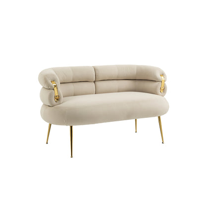 Small Loveseat Sofa, Upholstered Mini Couch with Curved Backrest with Stylish Golden Decor, Small Comfy Love Seat Leisure Accent Couch for Living Room, Bedroom, Office