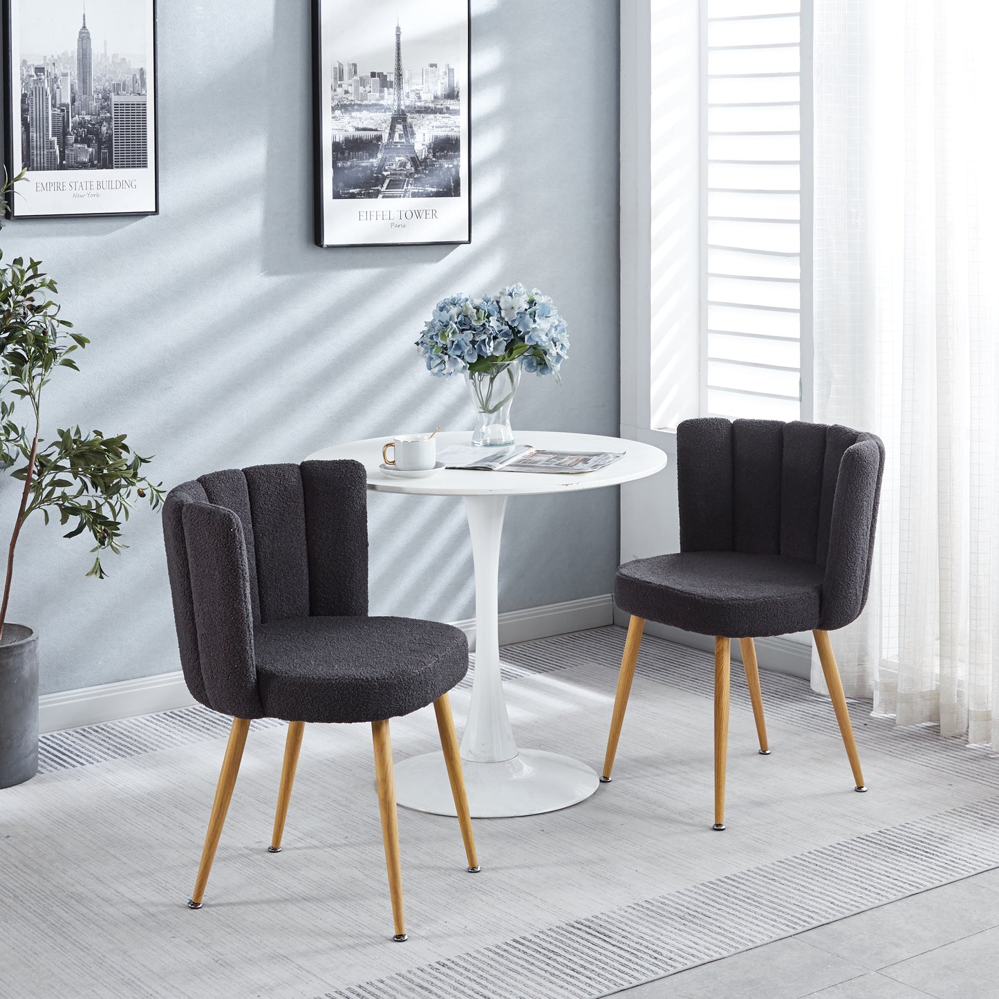 Modern GRAY dining chair(set of 2 ) with iron tube wood color legs, shorthair cushions and comfortable backrest, suitable for dining room, living room, cafe, simple structure.