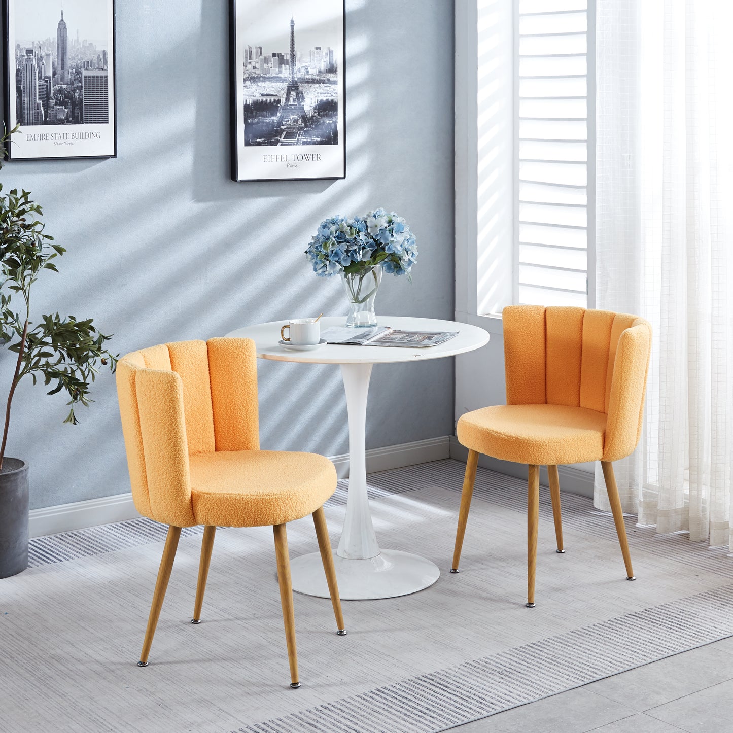 Modern YELLOW dining chair(set of 2 ) with iron tube wood color legs, shorthair cushions and comfortable backrest, suitable for dining room, living room, cafe, simple structure.