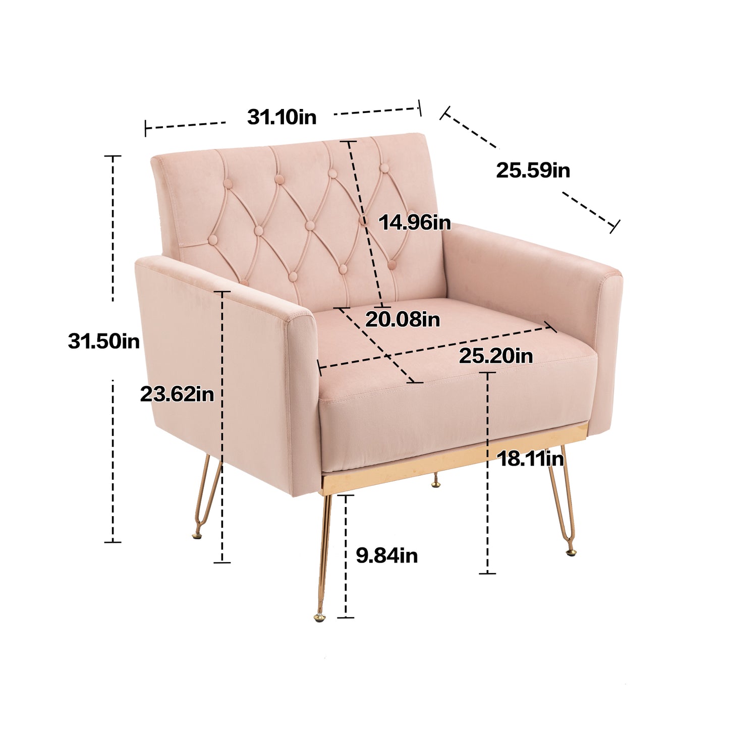 Velvet Armchair Single Sofa Modern Tufted Upholstered Side Reading Chairs with Arm and Gold Metal Leg for Living Room Bedroom