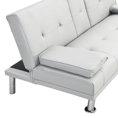 Sofa Bed with Armrest two holders WOOD FRAME, STAINLESS LEG, FUTON WHITE PVC