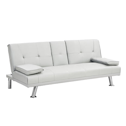 Sofa Bed with Armrest two holders WOOD FRAME, STAINLESS LEG, FUTON WHITE PVC