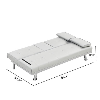 Sofa Bed with Armrest two holders WOOD FRAME, STAINLESS LEG, FUTON WHITE PVC