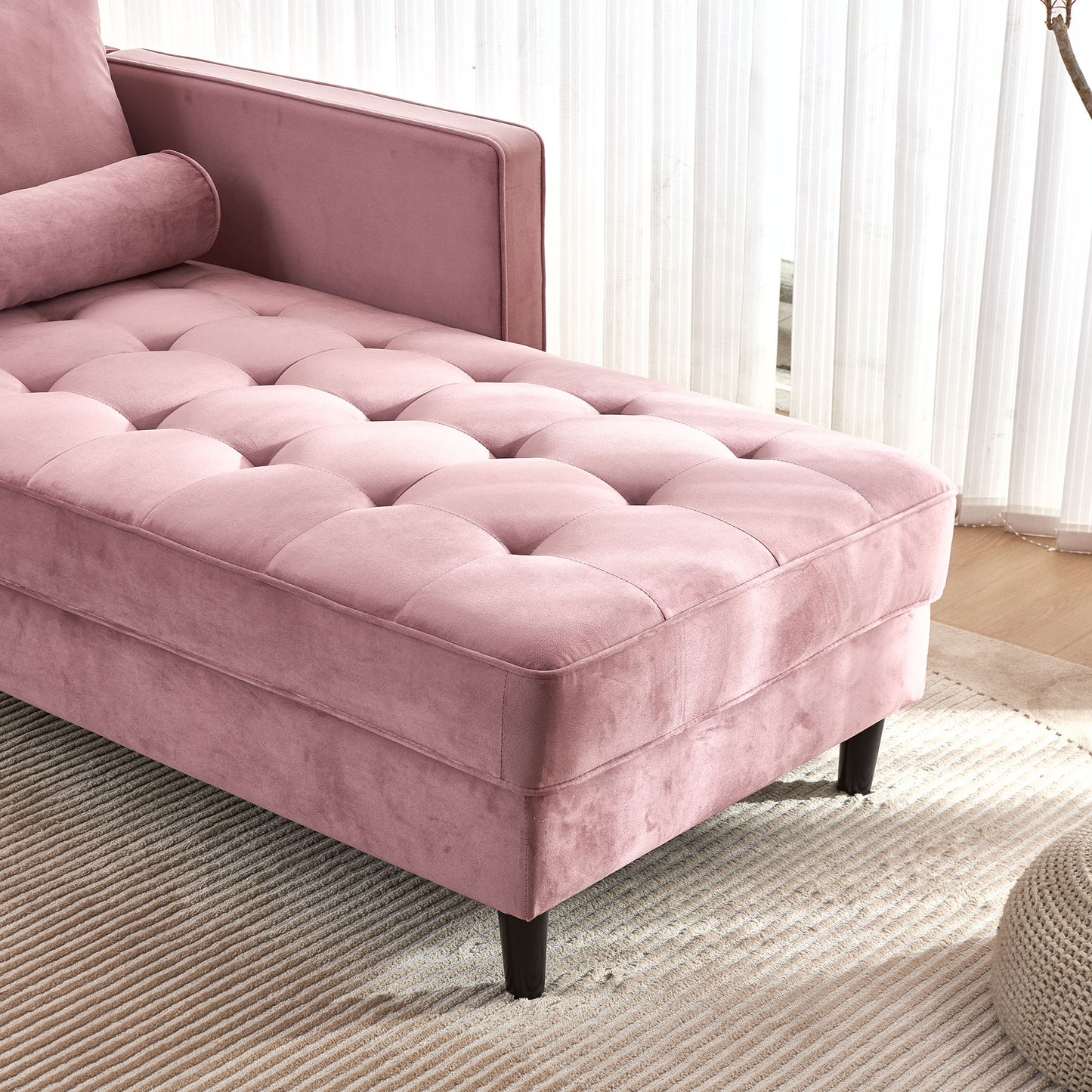 64" Velvet Chaise,Mid-Century Modern Chaise Furniture,Sleeper for Living Room,Apartment,Tool-Free Assembly. (Pink)