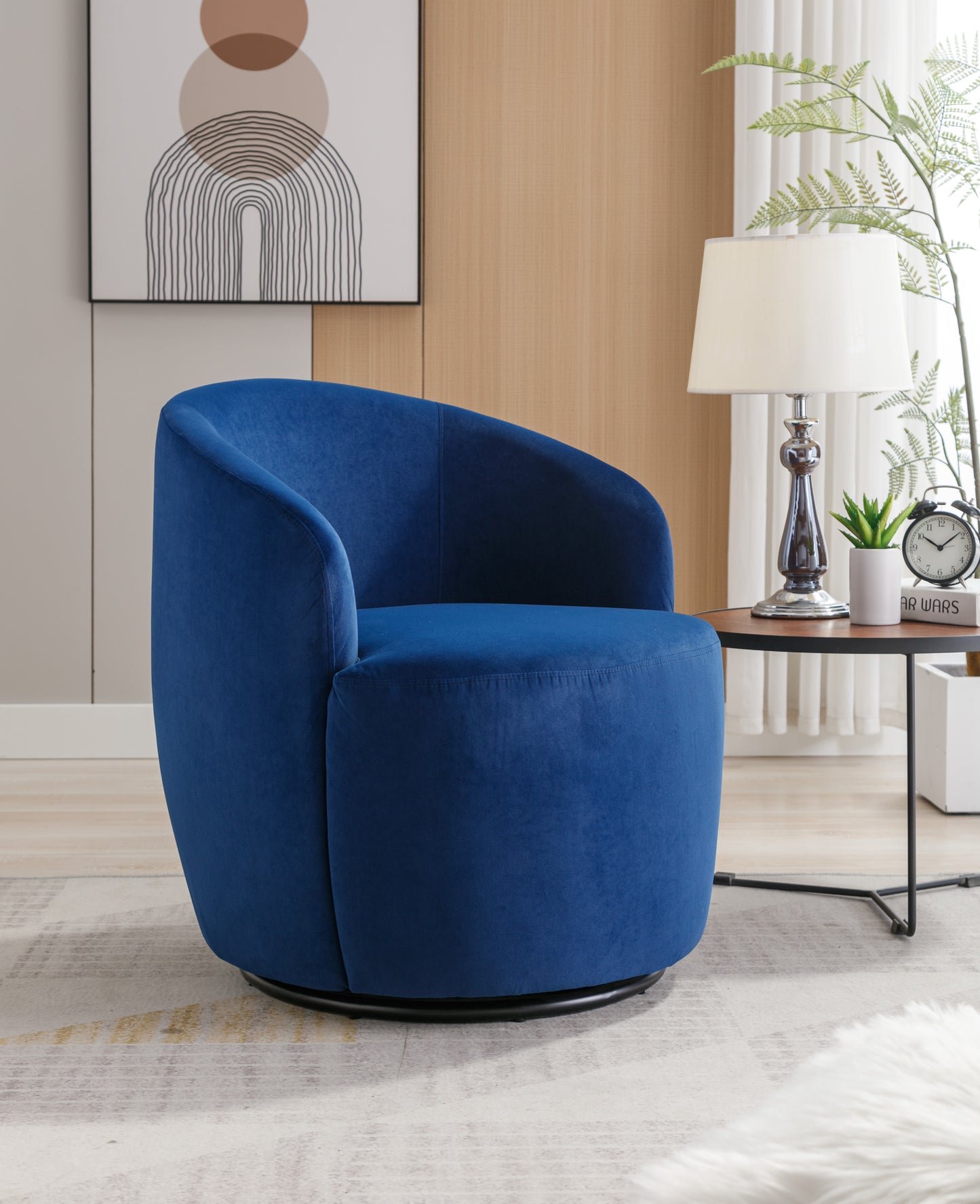 Velvet Fabric Swivel Accent Armchair Barrel Chair With Black Powder Coating Metal Ring,Blue