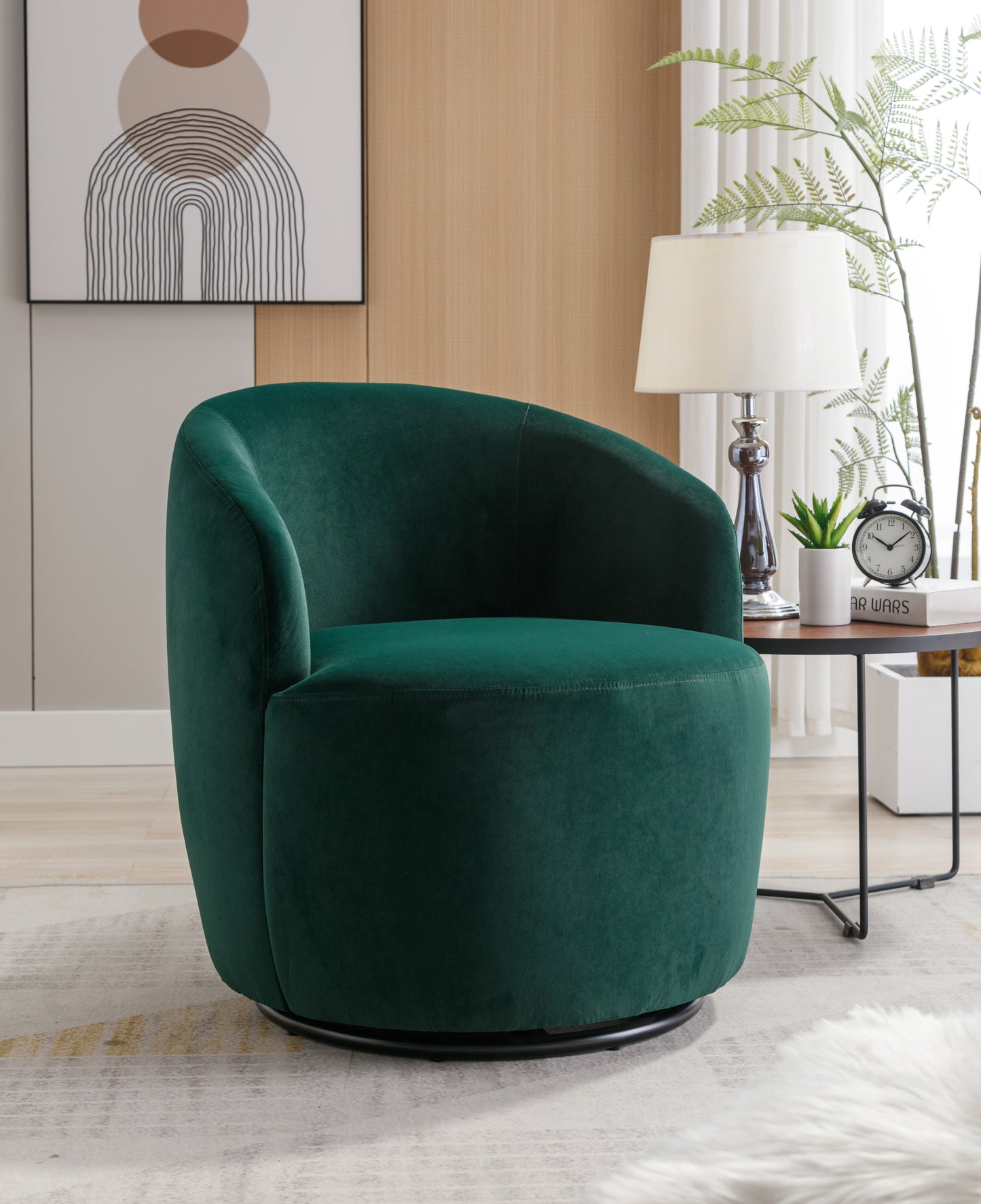 Velvet Fabric Swivel Accent Armchair Barrel Chair With Black Powder Coating Metal Ring,Green