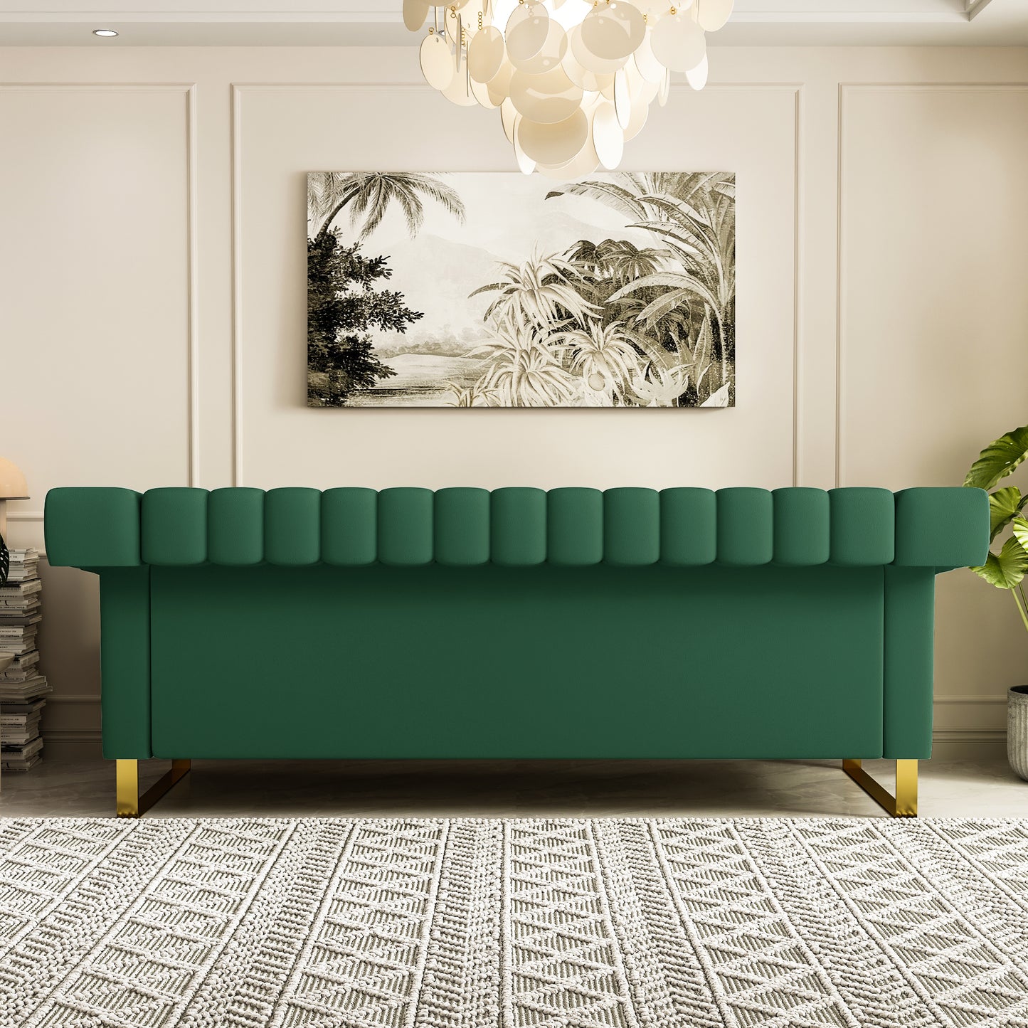 SOFA Modern Green PU Sofa with Gold Accents - Sleek Channel-Tufted Upholstery, 3-Seat Couch for Living Room and Office Decor