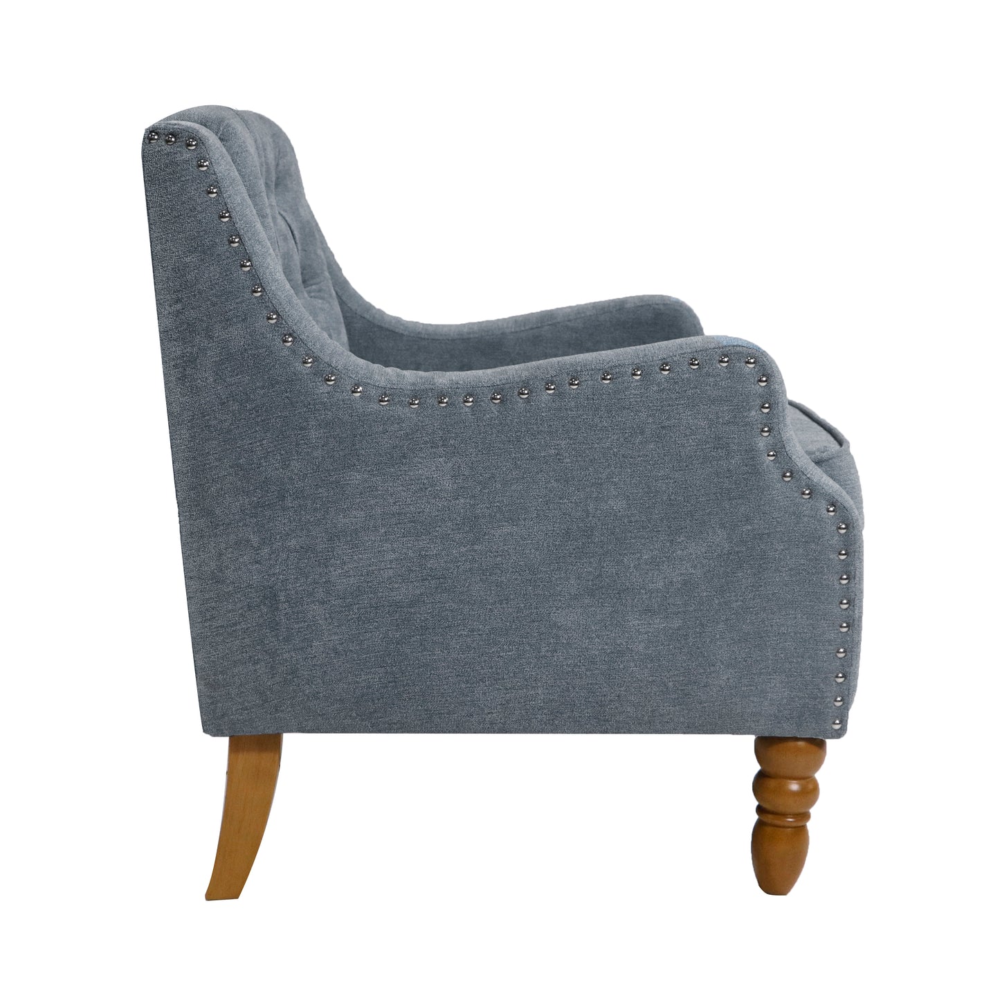 Grey Accent Chair, Living Room Chair, Footrest Chair Set with Vintage Brass Studs, Button Tufted Upholstered Armchair for Living Room, Comfy Reading Chair for Bedroom, Reception Room