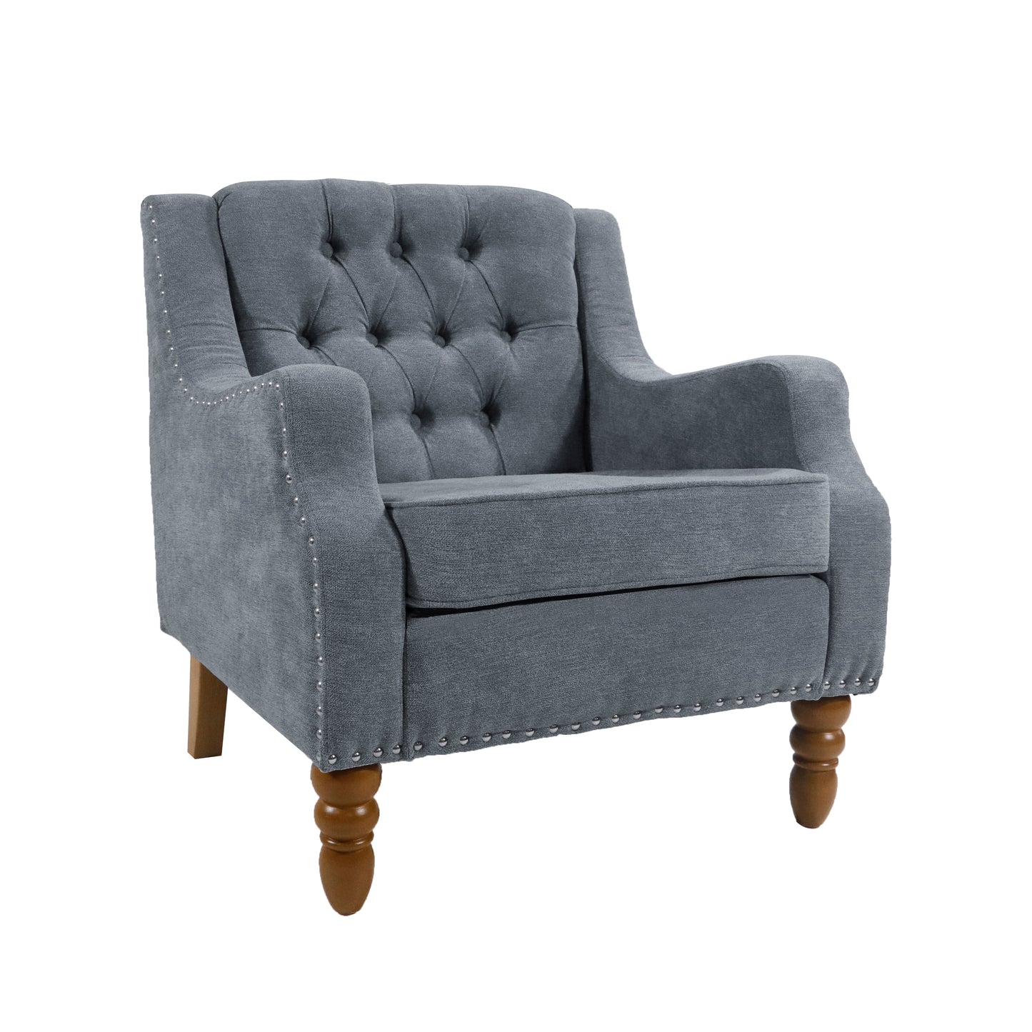 Grey Accent Chair, Living Room Chair, Footrest Chair Set with Vintage Brass Studs, Button Tufted Upholstered Armchair for Living Room, Comfy Reading Chair for Bedroom, Reception Room