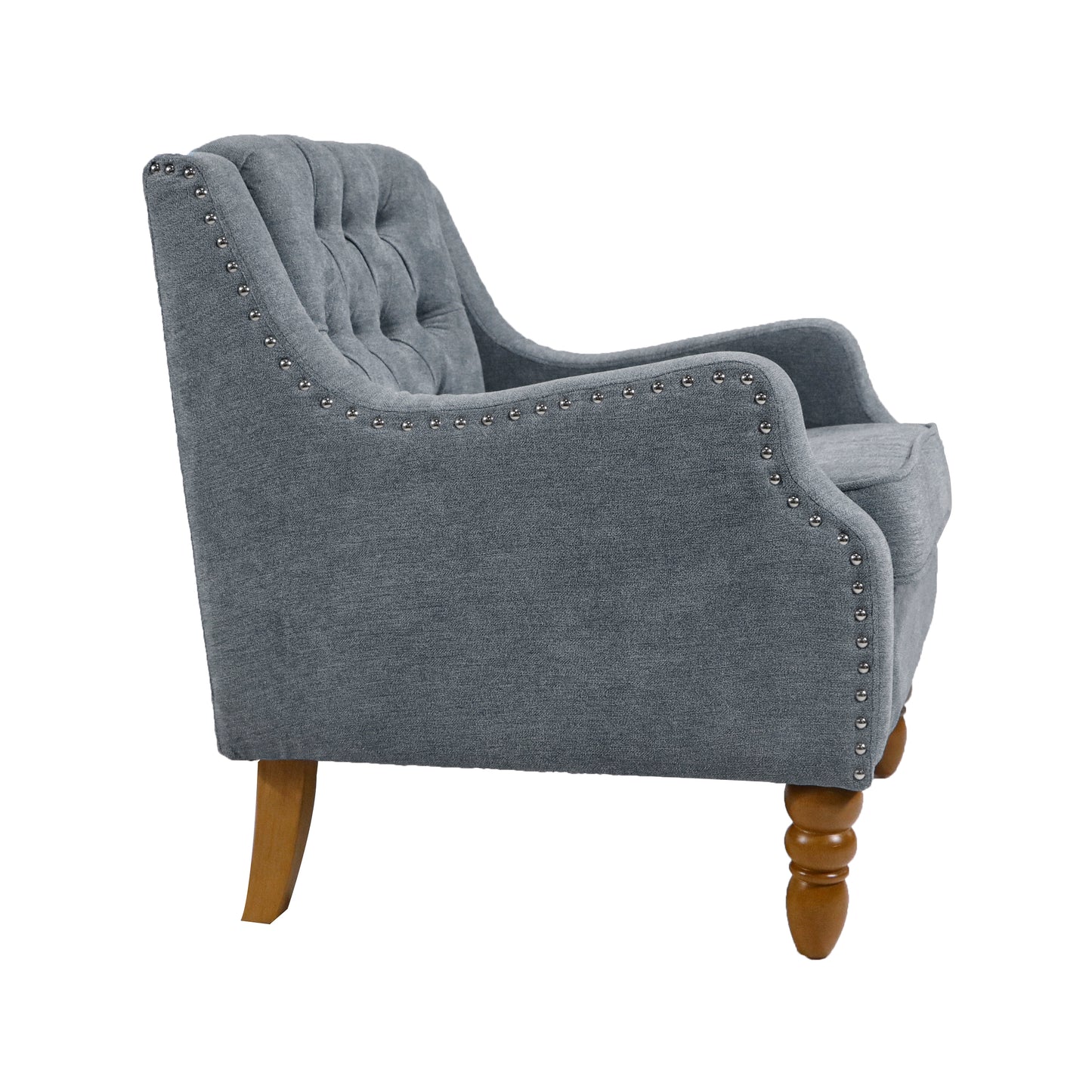 Grey Accent Chair, Living Room Chair, Footrest Chair Set with Vintage Brass Studs, Button Tufted Upholstered Armchair for Living Room, Comfy Reading Chair for Bedroom, Reception Room