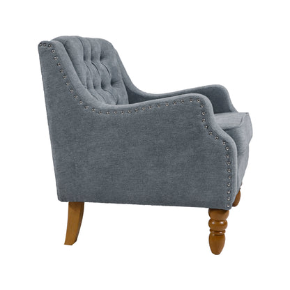 Grey Accent Chair, Living Room Chair, Footrest Chair Set with Vintage Brass Studs, Button Tufted Upholstered Armchair for Living Room, Comfy Reading Chair for Bedroom, Reception Room