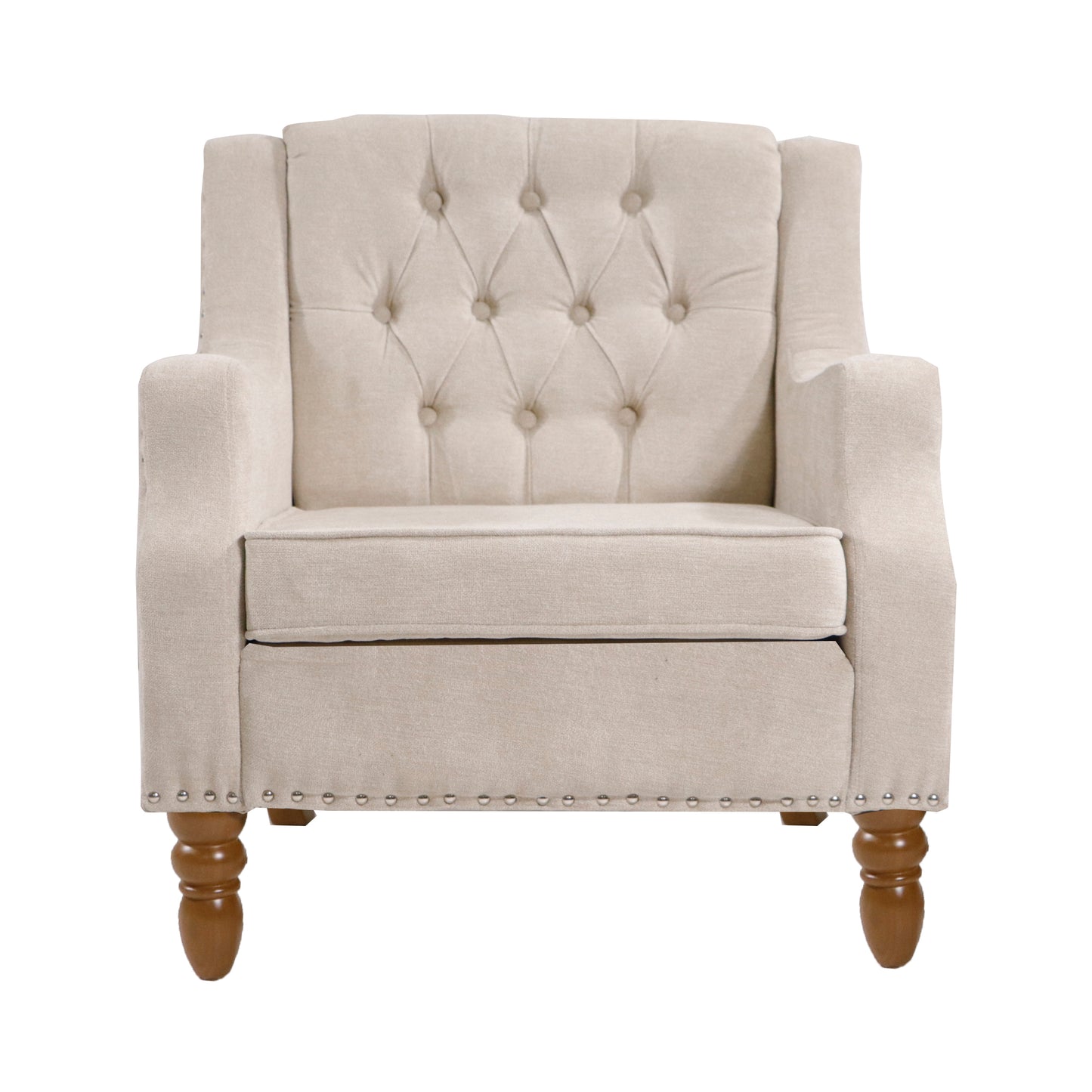 Beige Accent Chair, Living Room Chair, Footrest Chair Set with Vintage Brass Studs, Button Tufted Upholstered Armchair for Living Room, Comfy Reading Chair for Bedroom, Reception Room