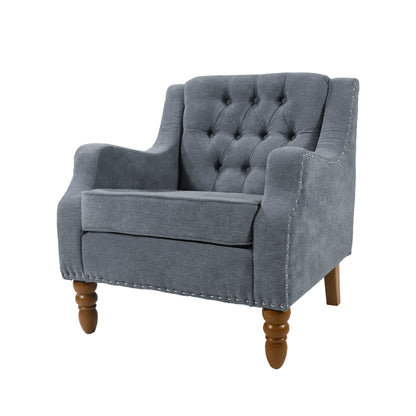 Grey Accent Chair, Living Room Chair, Footrest Chair Set with Vintage Brass Studs, Button Tufted Upholstered Armchair for Living Room, Comfy Reading Chair for Bedroom, Reception Room