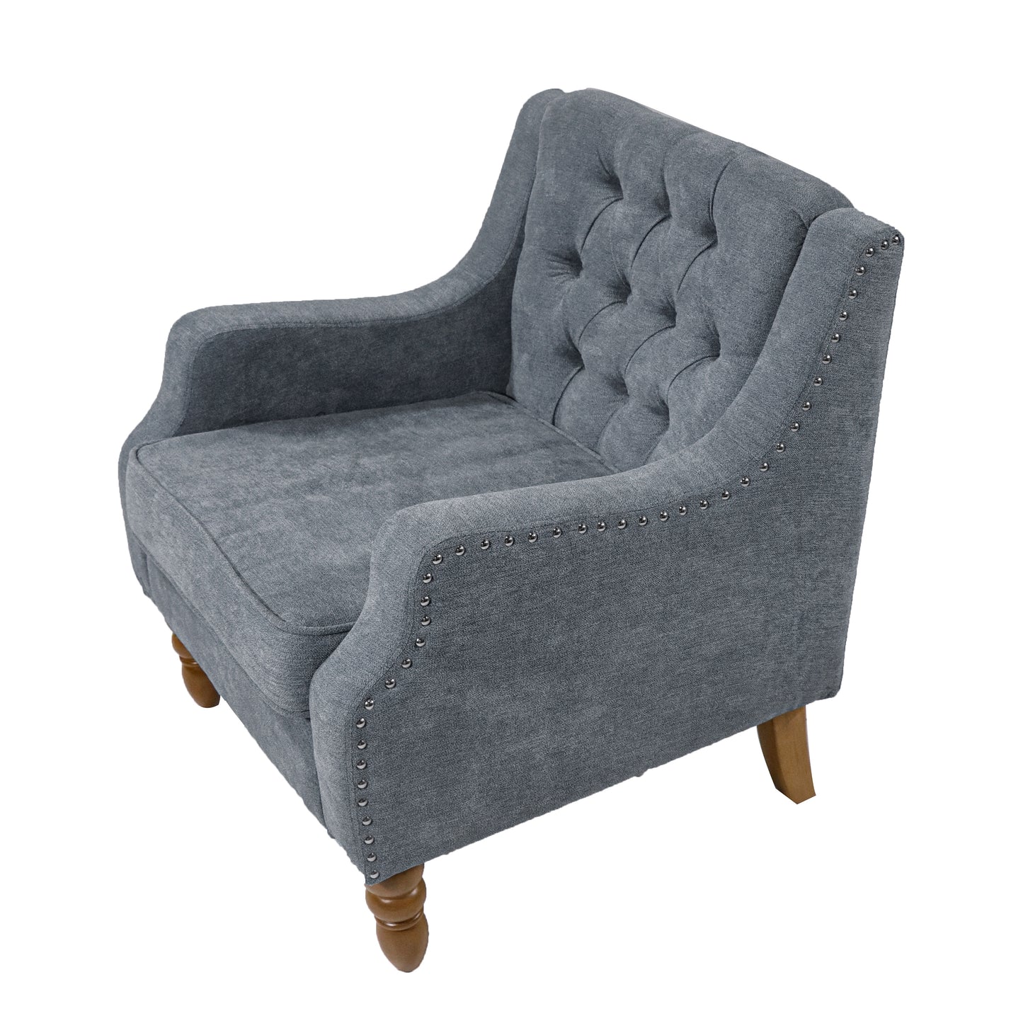 Grey Accent Chair, Living Room Chair, Footrest Chair Set with Vintage Brass Studs, Button Tufted Upholstered Armchair for Living Room, Comfy Reading Chair for Bedroom, Reception Room