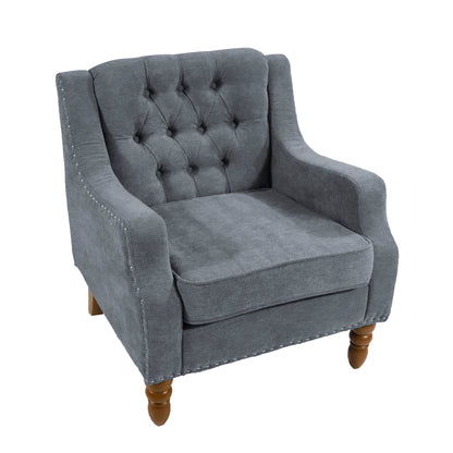 Grey Accent Chair, Living Room Chair, Footrest Chair Set with Vintage Brass Studs, Button Tufted Upholstered Armchair for Living Room, Comfy Reading Chair for Bedroom, Reception Room