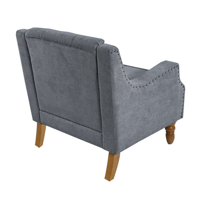 Grey Accent Chair, Living Room Chair, Footrest Chair Set with Vintage Brass Studs, Button Tufted Upholstered Armchair for Living Room, Comfy Reading Chair for Bedroom, Reception Room