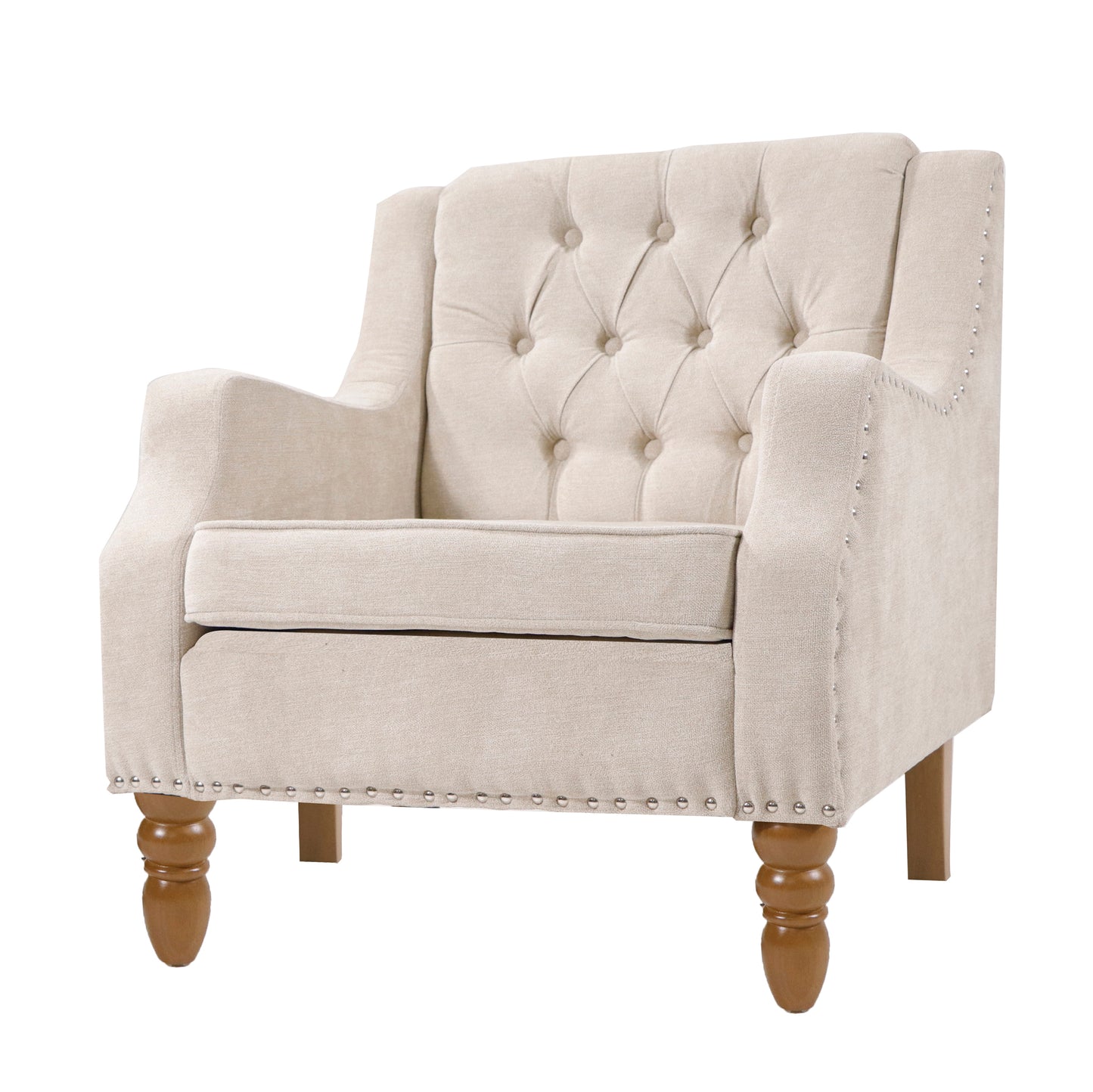 Beige Accent Chair, Living Room Chair, Footrest Chair Set with Vintage Brass Studs, Button Tufted Upholstered Armchair for Living Room, Comfy Reading Chair for Bedroom, Reception Room