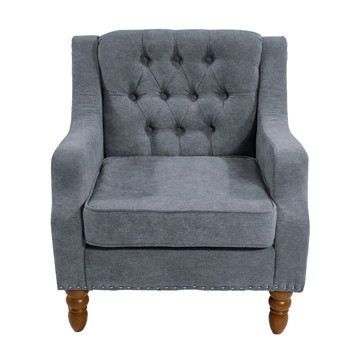 Grey Accent Chair, Living Room Chair, Footrest Chair Set with Vintage Brass Studs, Button Tufted Upholstered Armchair for Living Room, Comfy Reading Chair for Bedroom, Reception Room