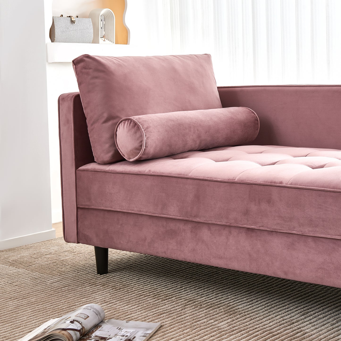 64" Velvet Chaise,Mid-Century Modern Chaise Furniture,Sleeper for Living Room,Apartment,Tool-Free Assembly. (Pink)