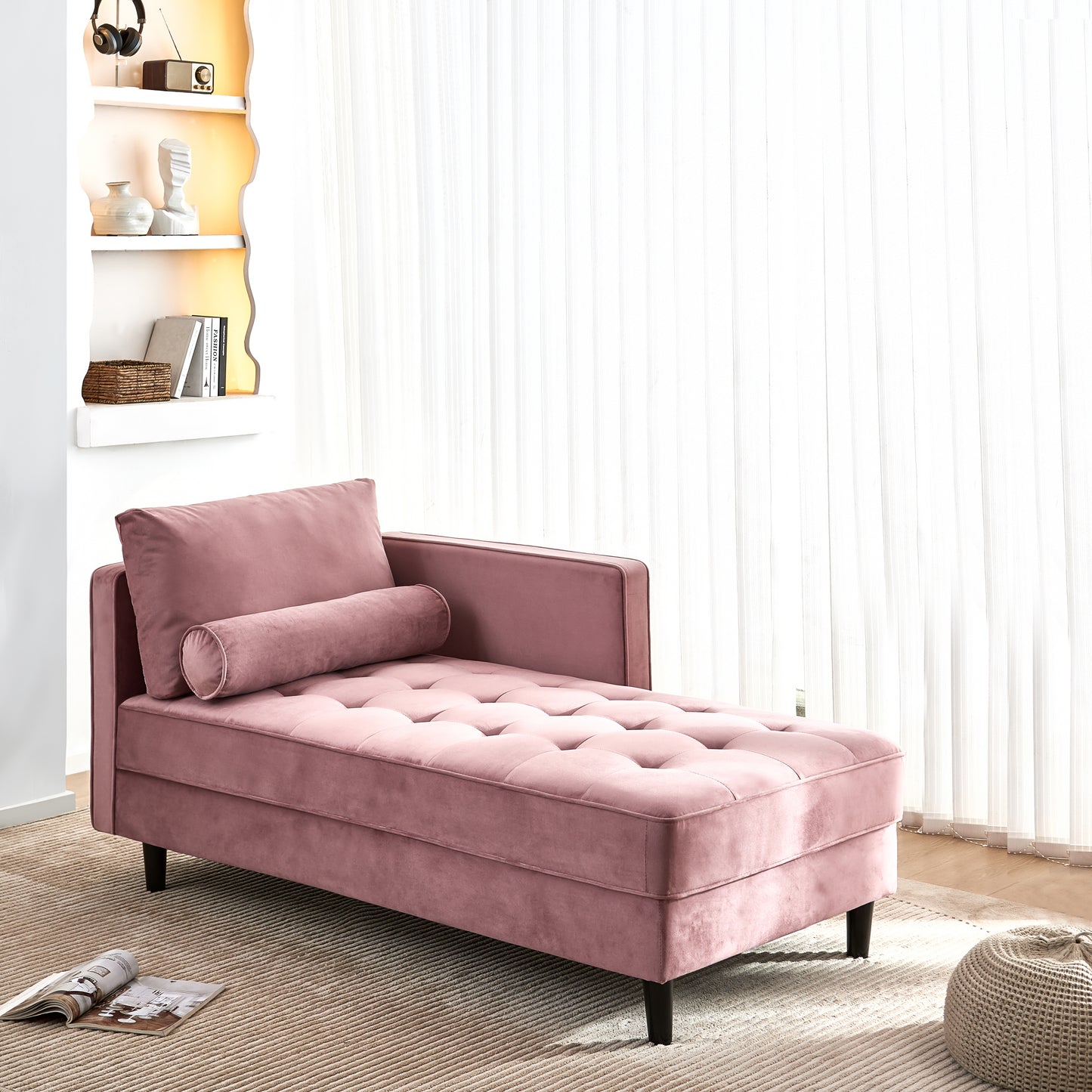 64" Velvet Chaise,Mid-Century Modern Chaise Furniture,Sleeper for Living Room,Apartment,Tool-Free Assembly. (Pink)