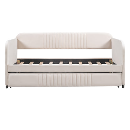 Upholstered Daybed Sofa Bed Twin Size With Trundle Bed and Wood Slat,Beige