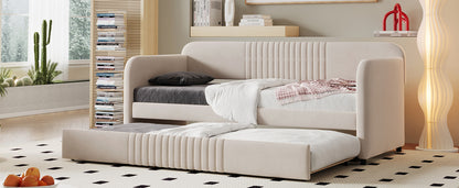 Upholstered Daybed Sofa Bed Twin Size With Trundle Bed and Wood Slat,Beige