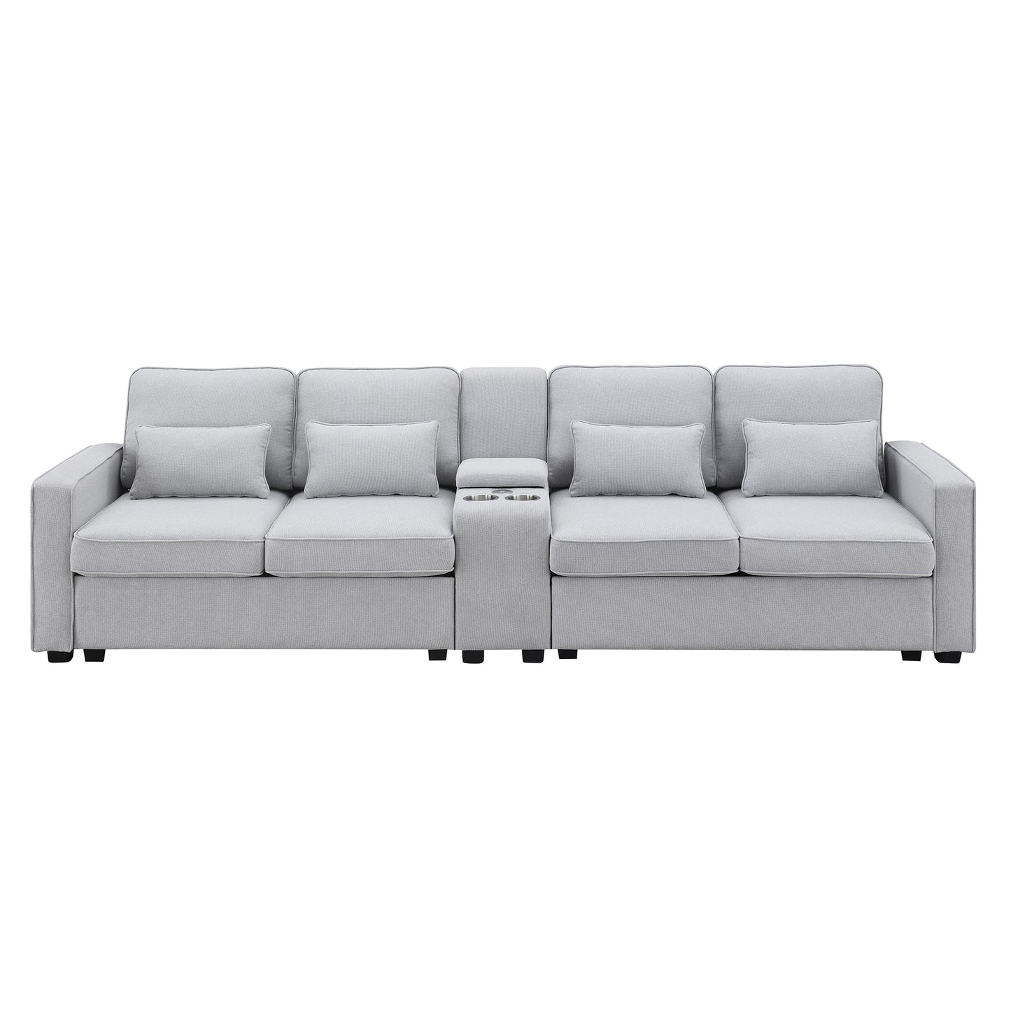 114.2" Upholstered Sofa with Console, 2 Cupholders and 2 USB Ports Wired or Wirelessly Charged, Modern Linen Fabric Couches with 4 Pillows for Living Room, Apartment