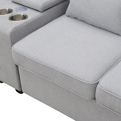 114.2" Upholstered Sofa with Console, 2 Cupholders and 2 USB Ports Wired or Wirelessly Charged, Modern Linen Fabric Couches with 4 Pillows for Living Room, Apartment