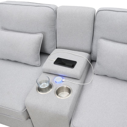 114.2" Upholstered Sofa with Console, 2 Cupholders and 2 USB Ports Wired or Wirelessly Charged, Modern Linen Fabric Couches with 4 Pillows for Living Room, Apartment