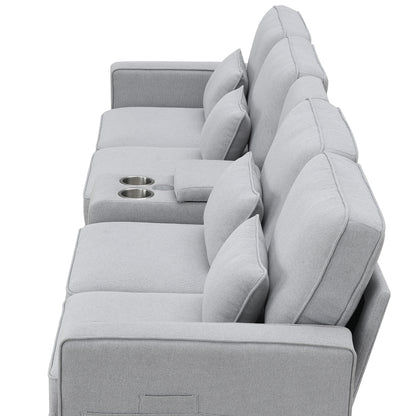 114.2" Upholstered Sofa with Console, 2 Cupholders and 2 USB Ports Wired or Wirelessly Charged, Modern Linen Fabric Couches with 4 Pillows for Living Room, Apartment