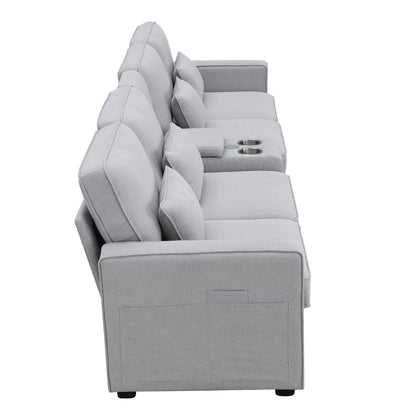 114.2" Upholstered Sofa with Console, 2 Cupholders and 2 USB Ports Wired or Wirelessly Charged, Modern Linen Fabric Couches with 4 Pillows for Living Room, Apartment