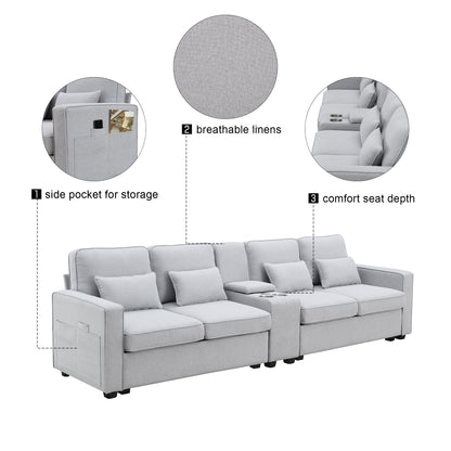 114.2" Upholstered Sofa with Console, 2 Cupholders and 2 USB Ports Wired or Wirelessly Charged, Modern Linen Fabric Couches with 4 Pillows for Living Room, Apartment