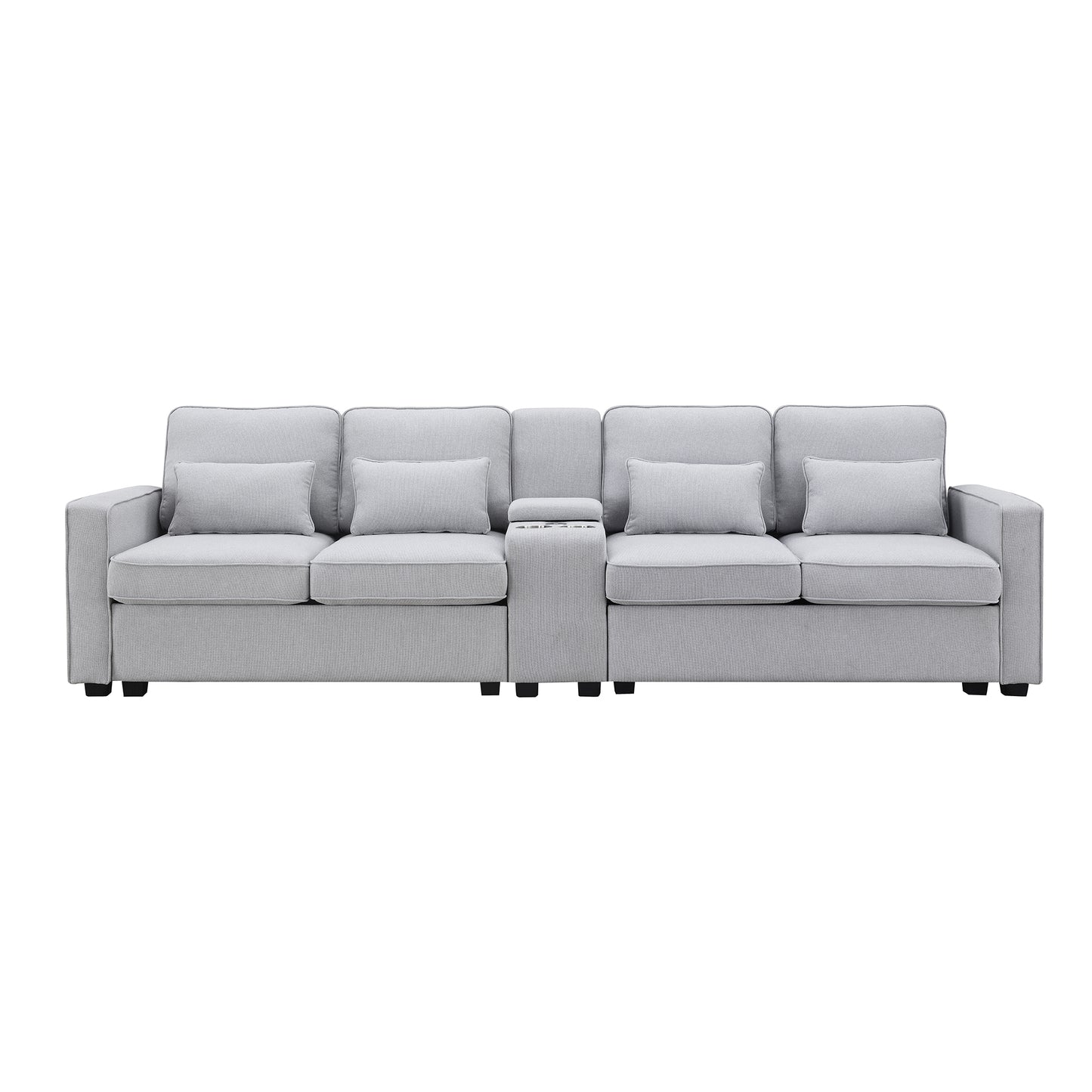 114.2" Upholstered Sofa with Console, 2 Cupholders and 2 USB Ports Wired or Wirelessly Charged, Modern Linen Fabric Couches with 4 Pillows for Living Room, Apartment