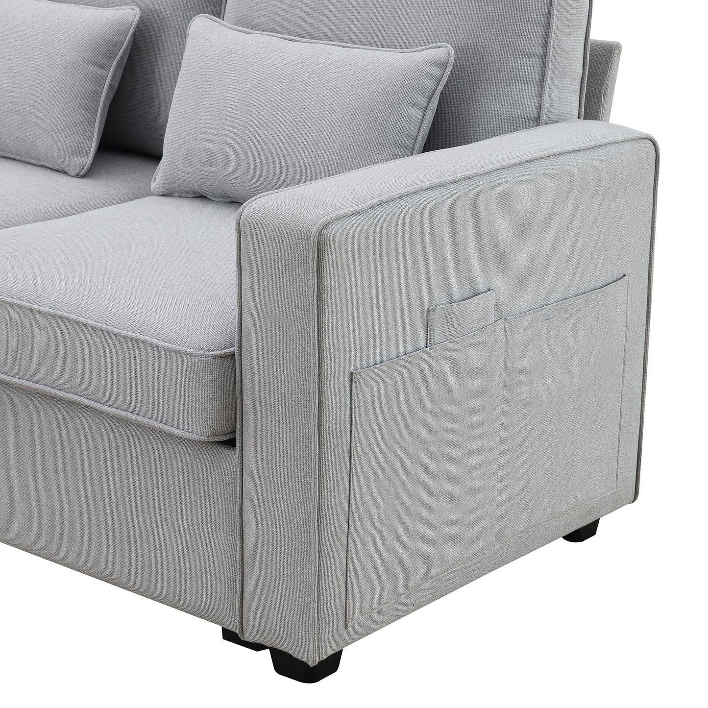 114.2" Upholstered Sofa with Console, 2 Cupholders and 2 USB Ports Wired or Wirelessly Charged, Modern Linen Fabric Couches with 4 Pillows for Living Room, Apartment