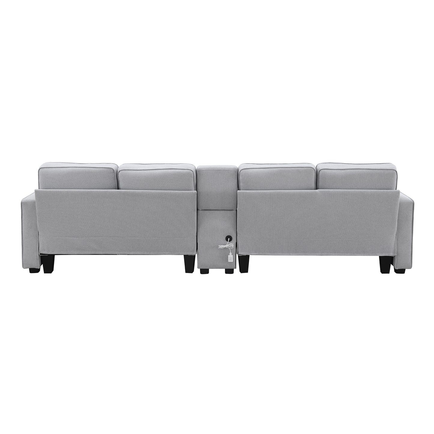 114.2" Upholstered Sofa with Console, 2 Cupholders and 2 USB Ports Wired or Wirelessly Charged, Modern Linen Fabric Couches with 4 Pillows for Living Room, Apartment