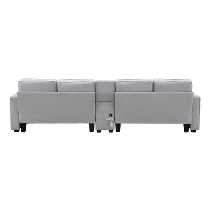 114.2" Upholstered Sofa with Console, 2 Cupholders and 2 USB Ports Wired or Wirelessly Charged, Modern Linen Fabric Couches with 4 Pillows for Living Room, Apartment