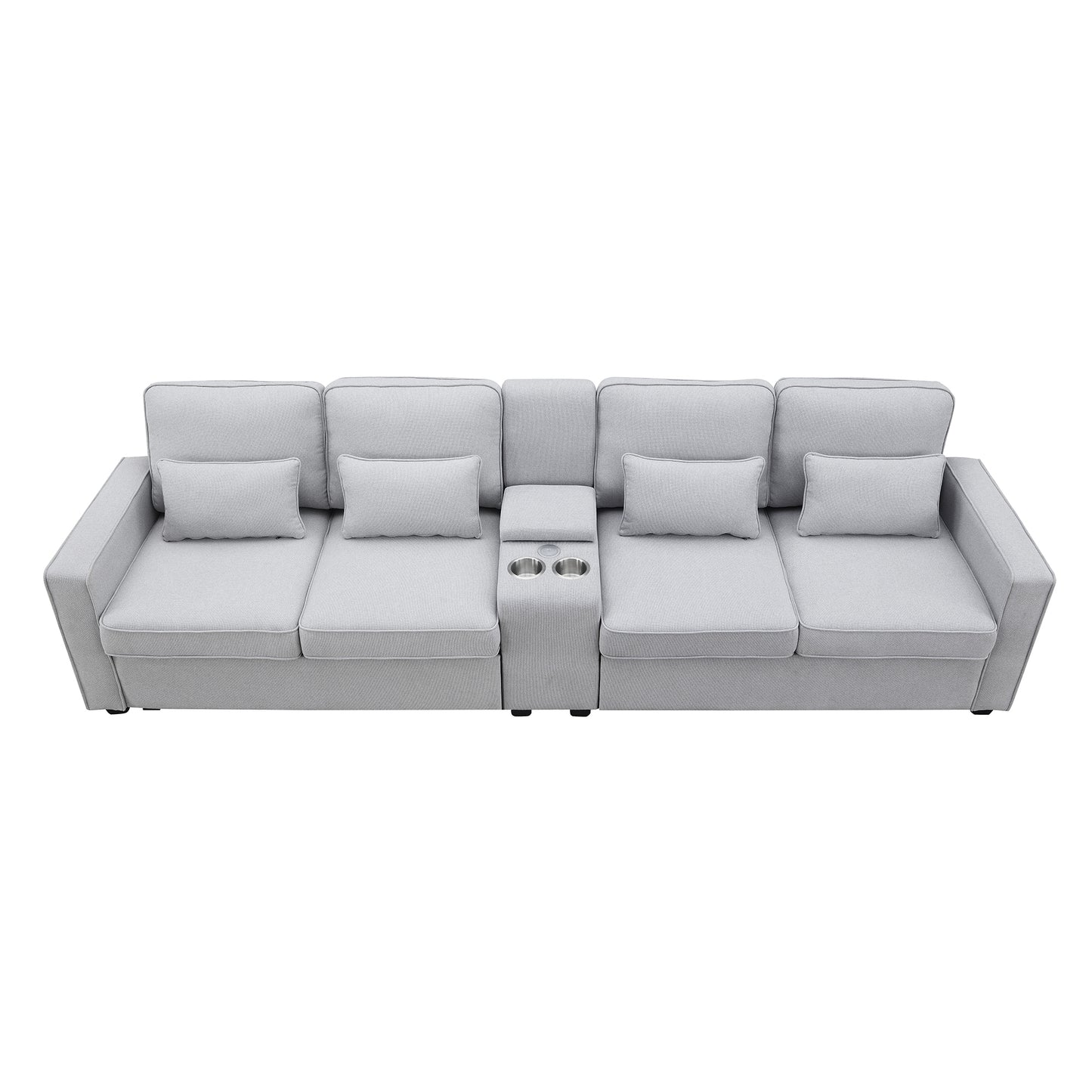 114.2" Upholstered Sofa with Console, 2 Cupholders and 2 USB Ports Wired or Wirelessly Charged, Modern Linen Fabric Couches with 4 Pillows for Living Room, Apartment