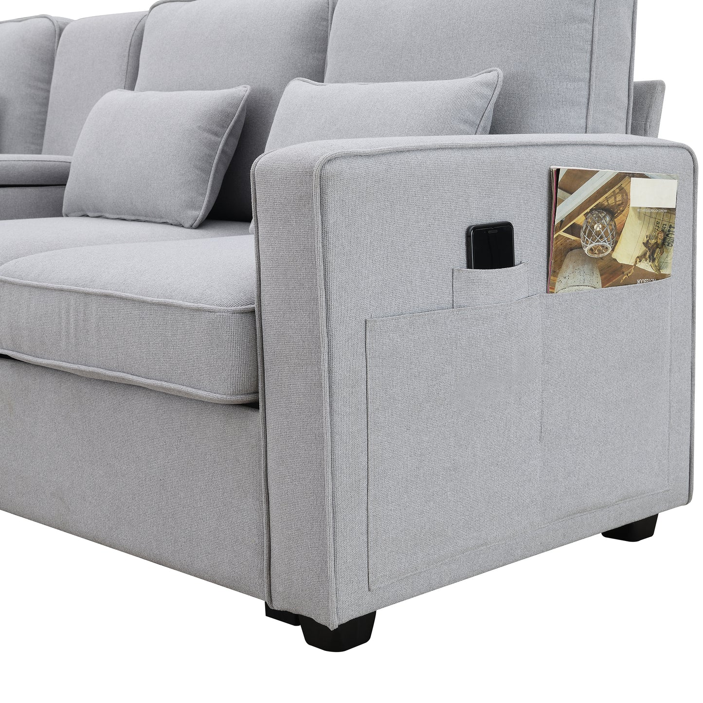 114.2" Upholstered Sofa with Console, 2 Cupholders and 2 USB Ports Wired or Wirelessly Charged, Modern Linen Fabric Couches with 4 Pillows for Living Room, Apartment