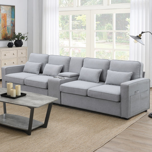 114.2" Upholstered Sofa with Console, 2 Cupholders and 2 USB Ports Wired or Wirelessly Charged, Modern Linen Fabric Couches with 4 Pillows for Living Room, Apartment