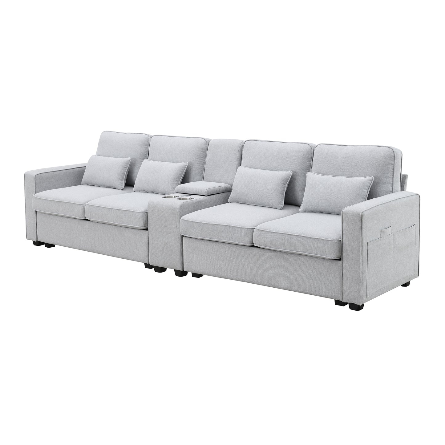 114.2" Upholstered Sofa with Console, 2 Cupholders and 2 USB Ports Wired or Wirelessly Charged, Modern Linen Fabric Couches with 4 Pillows for Living Room, Apartment