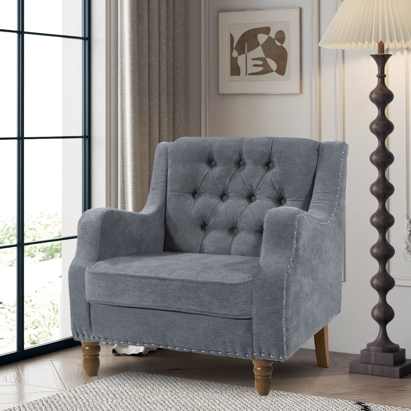 Grey Accent Chair, Living Room Chair, Footrest Chair Set with Vintage Brass Studs, Button Tufted Upholstered Armchair for Living Room, Comfy Reading Chair for Bedroom, Reception Room