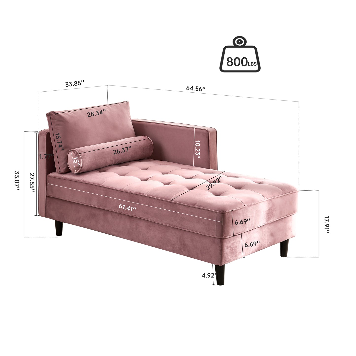 64" Velvet Chaise,Mid-Century Modern Chaise Furniture,Sleeper for Living Room,Apartment,Tool-Free Assembly. (Pink)