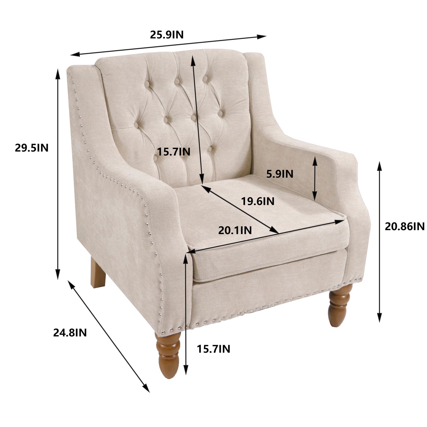 Beige Accent Chair, Living Room Chair, Footrest Chair Set with Vintage Brass Studs, Button Tufted Upholstered Armchair for Living Room, Comfy Reading Chair for Bedroom, Reception Room