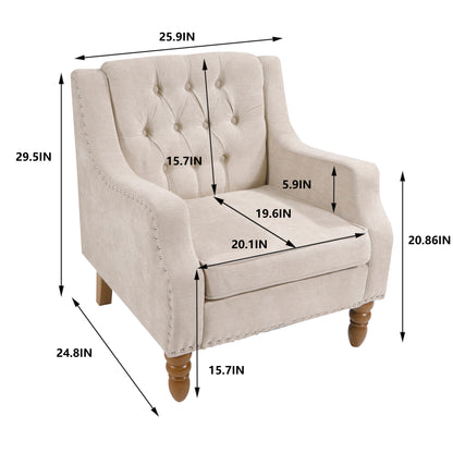 Beige Accent Chair, Living Room Chair, Footrest Chair Set with Vintage Brass Studs, Button Tufted Upholstered Armchair for Living Room, Comfy Reading Chair for Bedroom, Reception Room