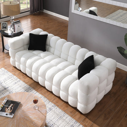 84.3 length,35.83" deepth,human body structure for USA people, marshmallow sofa,boucle sofa,White color,3 seater