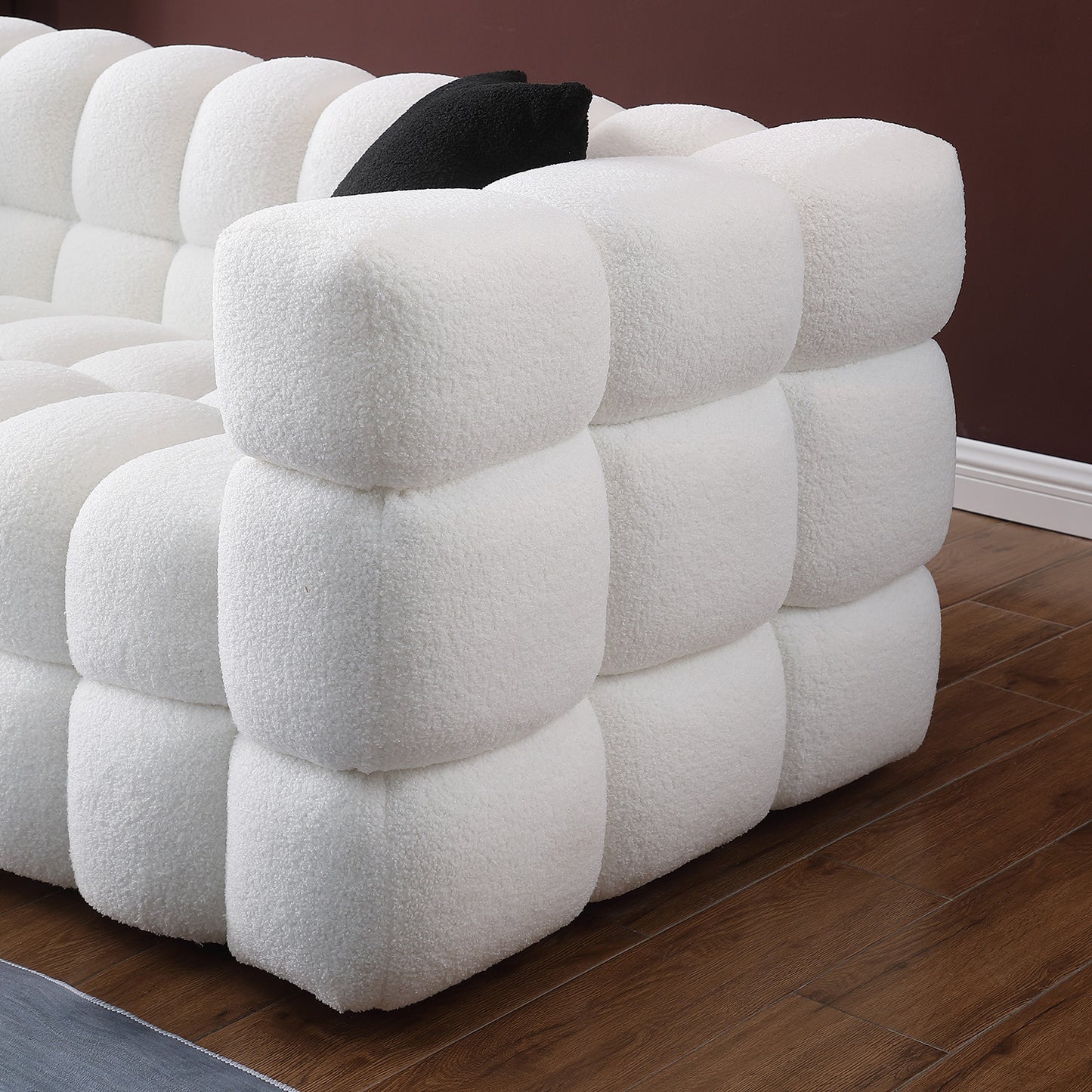 84.3 length,35.83" deepth,human body structure for USA people, marshmallow sofa,boucle sofa,White color,3 seater