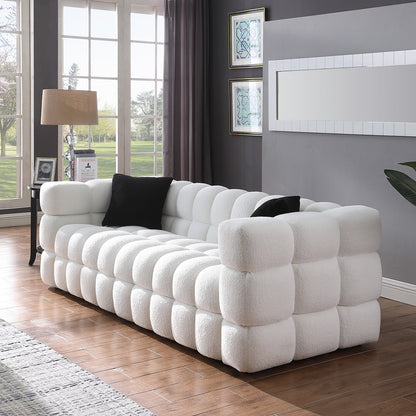 84.3 length,35.83" deepth,human body structure for USA people, marshmallow sofa,boucle sofa,White color,3 seater