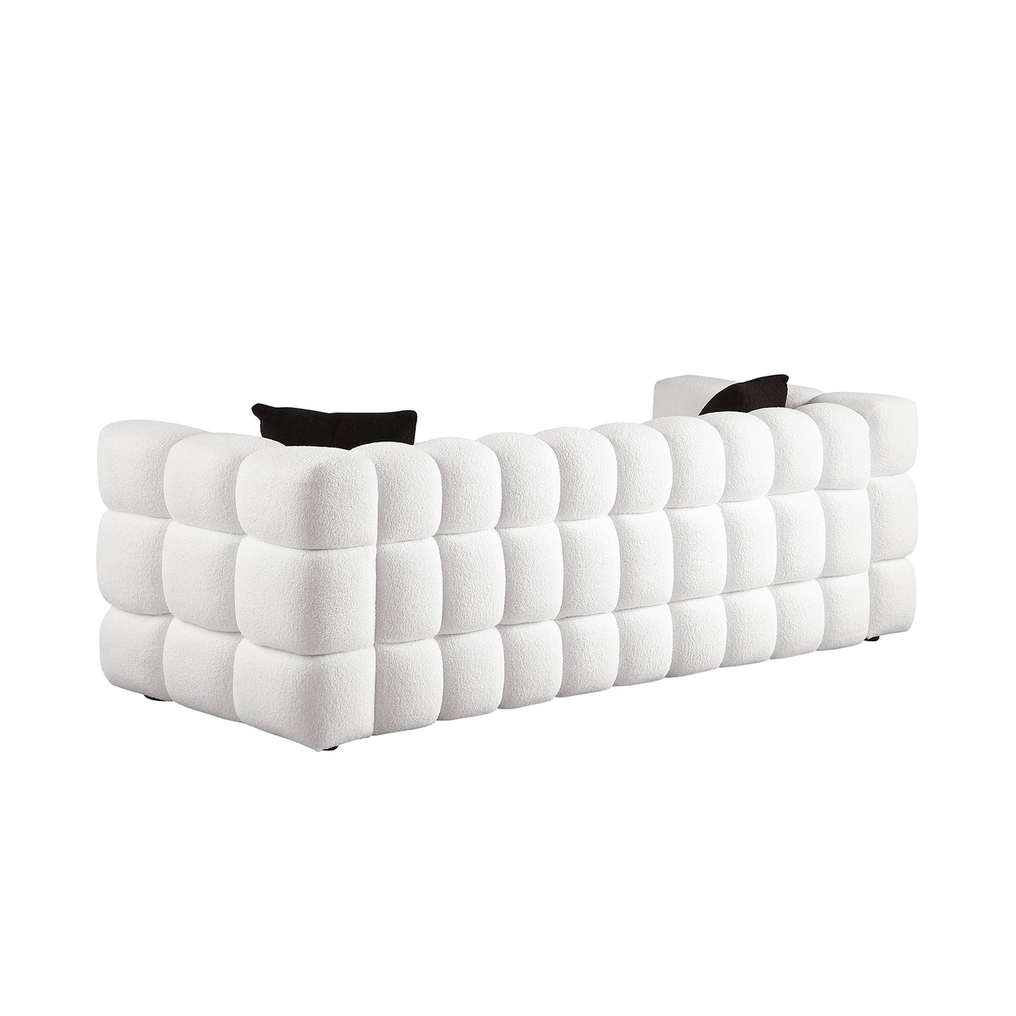 84.3 length,35.83" deepth,human body structure for USA people, marshmallow sofa,boucle sofa,White color,3 seater