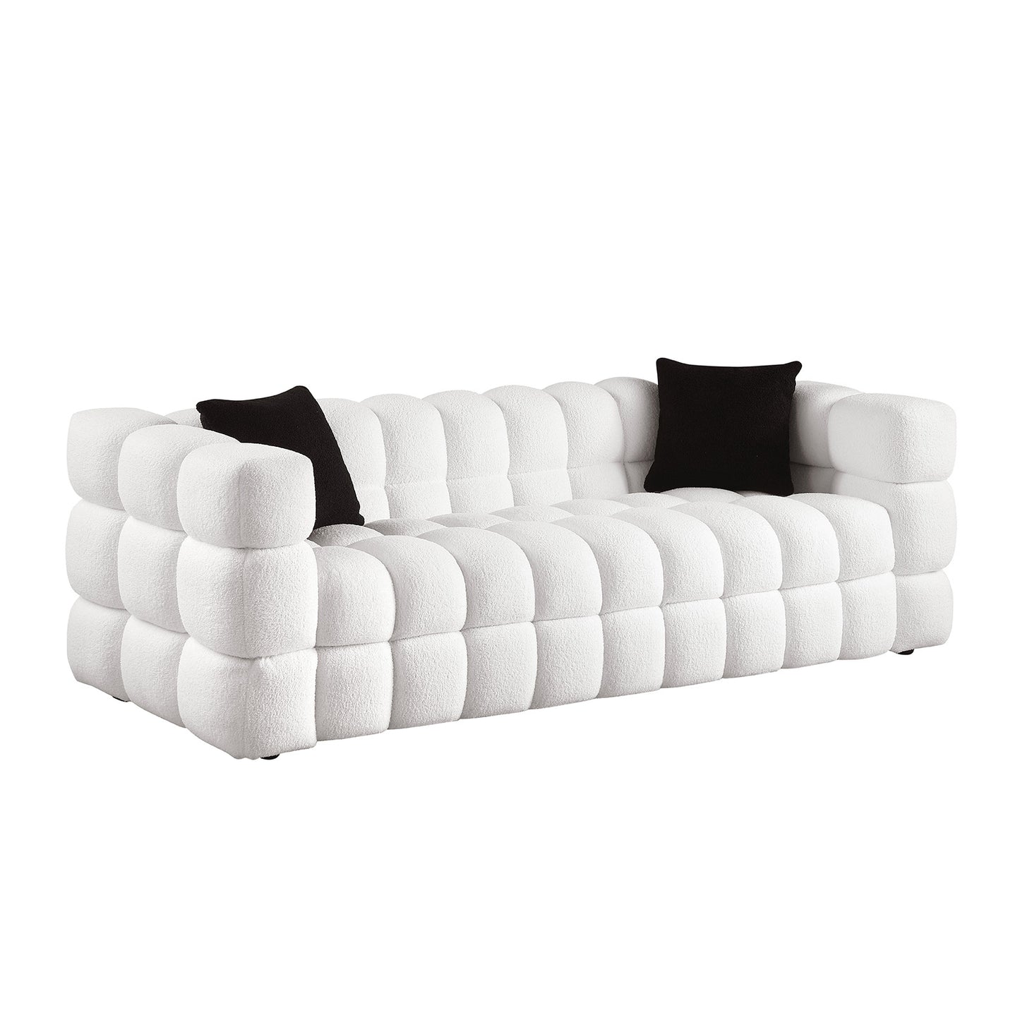 84.3 length,35.83" deepth,human body structure for USA people, marshmallow sofa,boucle sofa,White color,3 seater